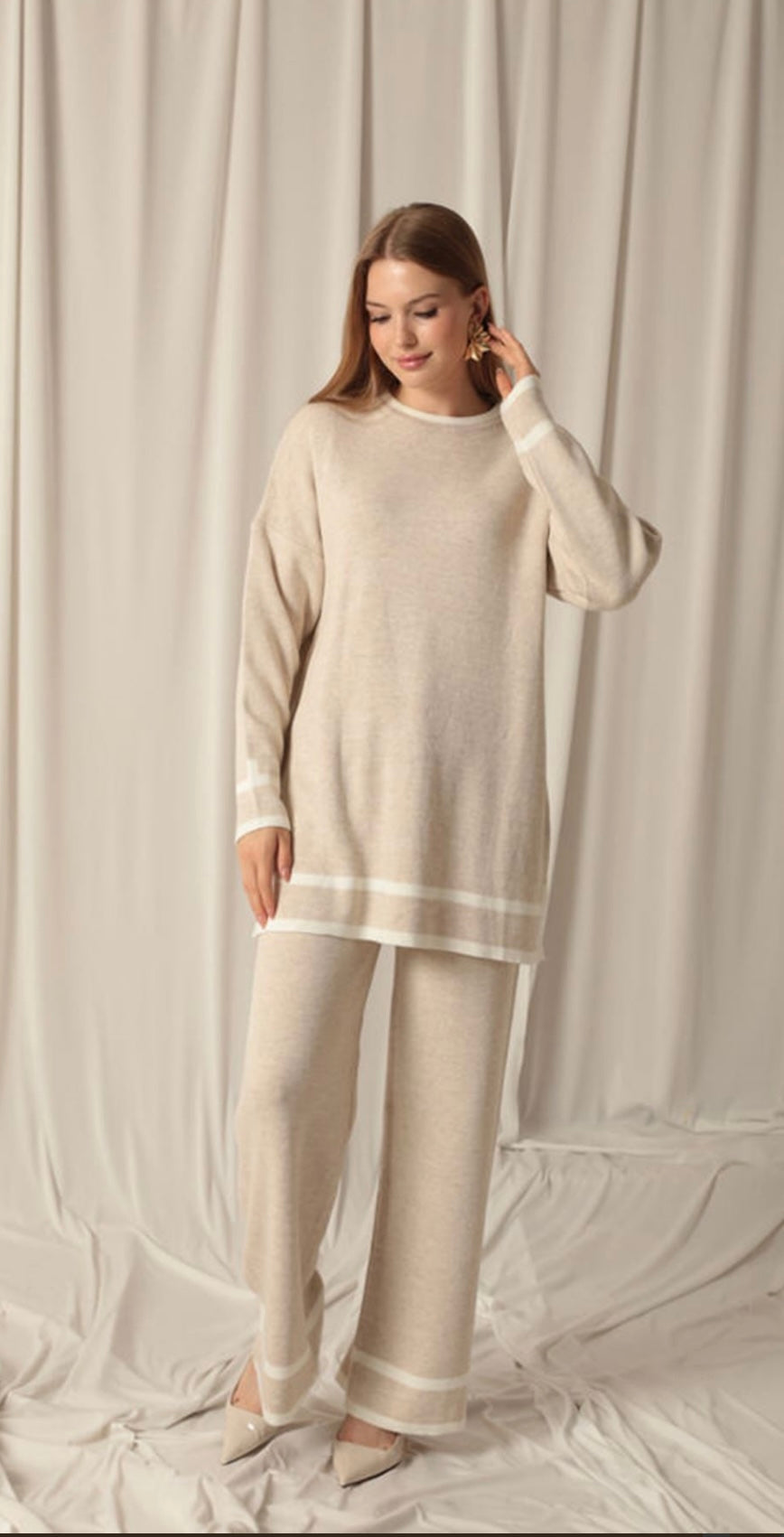 Oatmeal double stripe knit set